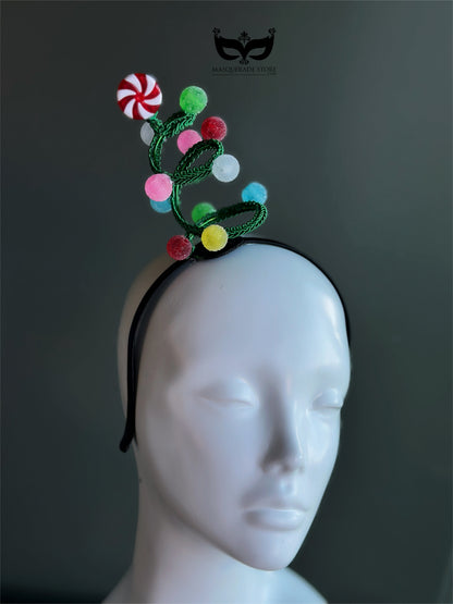 Christmas candy swirl spiral headband with peppermint candy topper and colorful pom accents