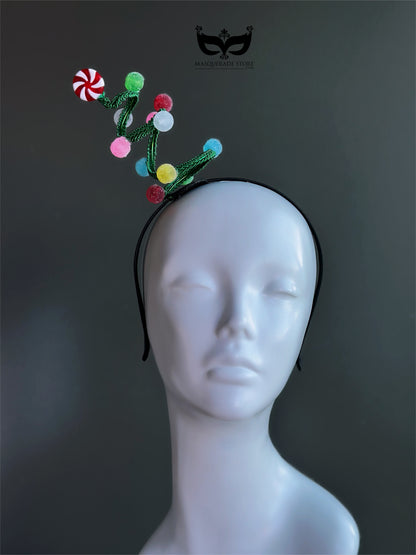Christmas candy swirl spiral headband with peppermint candy topper and colorful pom accents