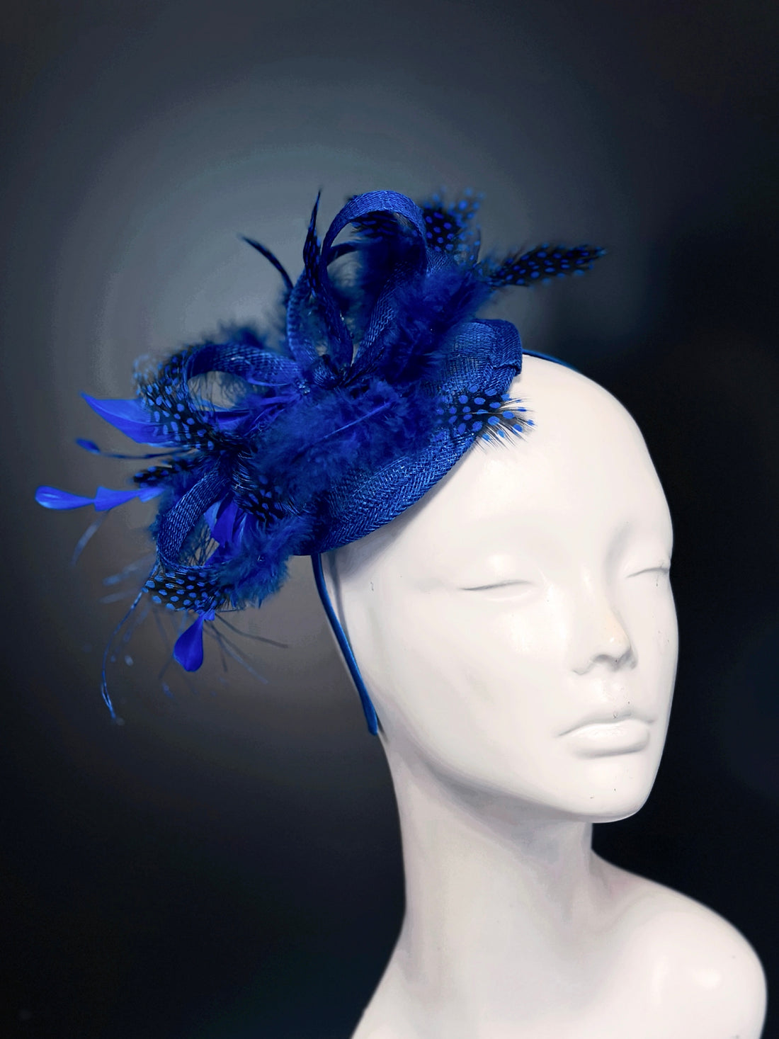 Tea party fascinator hat in cobalt blue with feathers, elegant wedding and race headpiece.