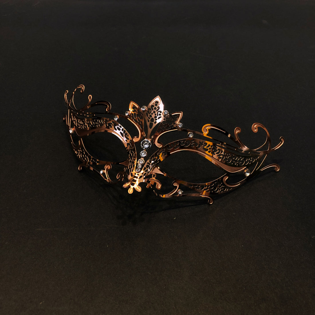 Copper gold filigree masquerade mask with rhinestone accents for women, Venetian metal party mask.