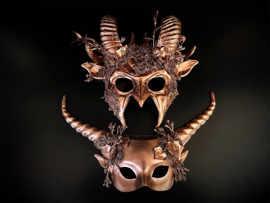 Copper rose gold masquerade headdress set with sculpted antlers, floral accents, and woodland details for couples.