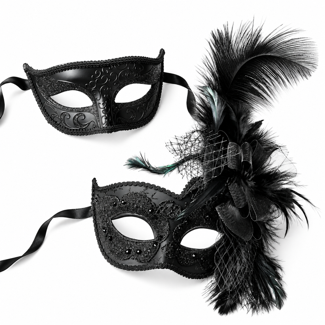 Black Feather Swan Venetian  Set - Black
