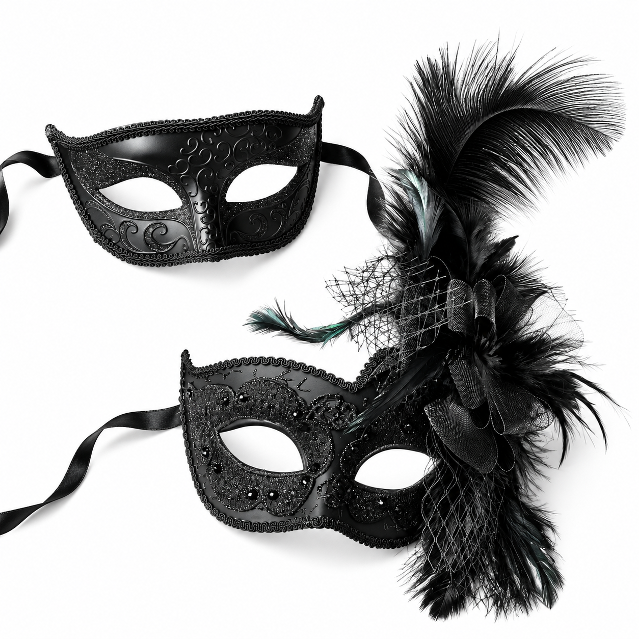 Black Feather Swan Venetian  Set - Black