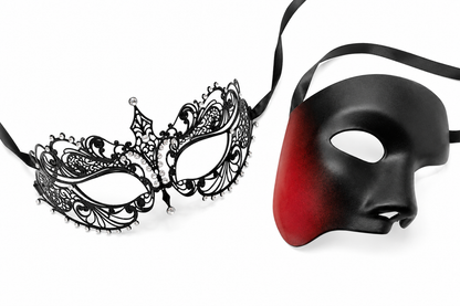 This crimson phantom couples masquerade mask set includes a coordinated men’s mask and women’s mask for formal masquerade events, gothic galas, prom nights, and theater-inspired celebrations.
