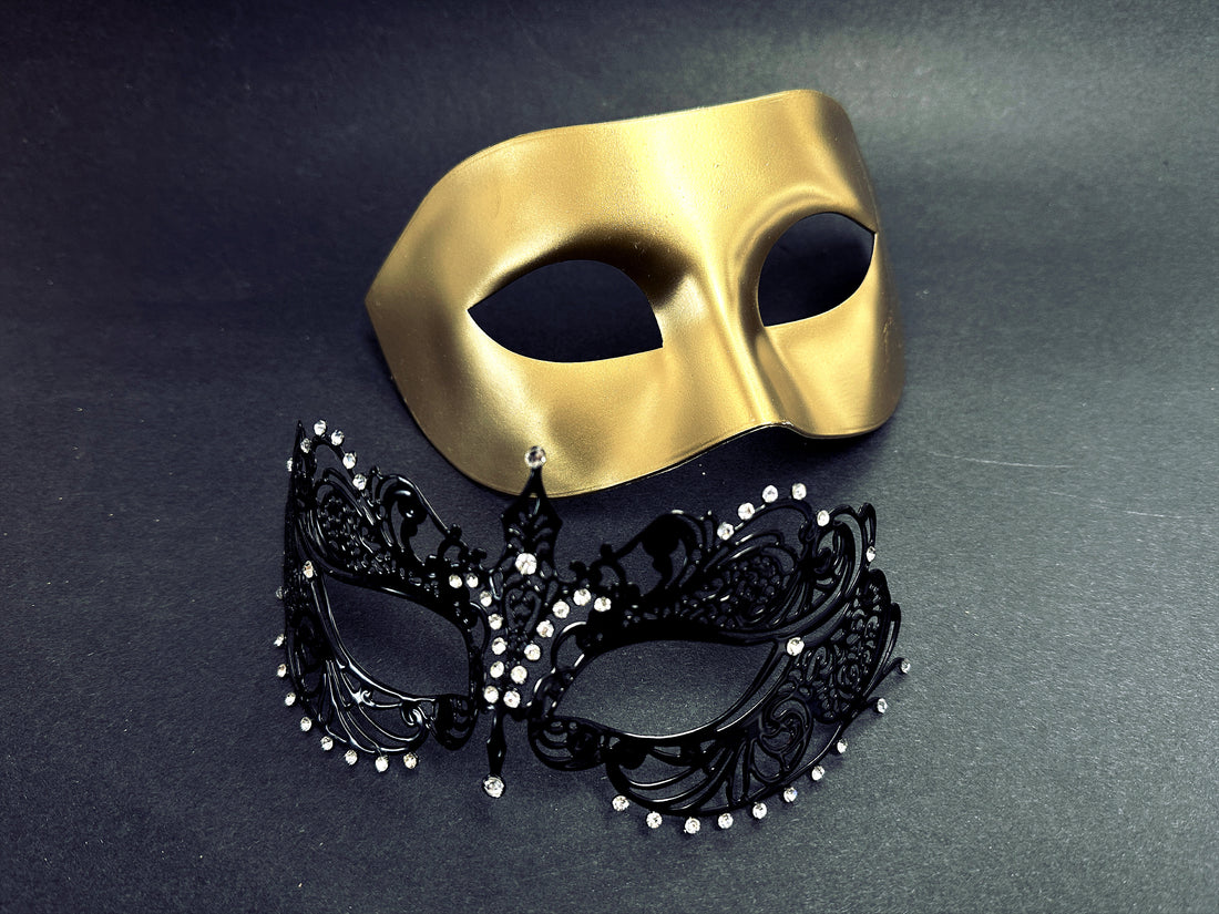 Elegant gold and black couples masquerade masks with crystal details, perfect for masquerade balls, prom, and Halloween.
