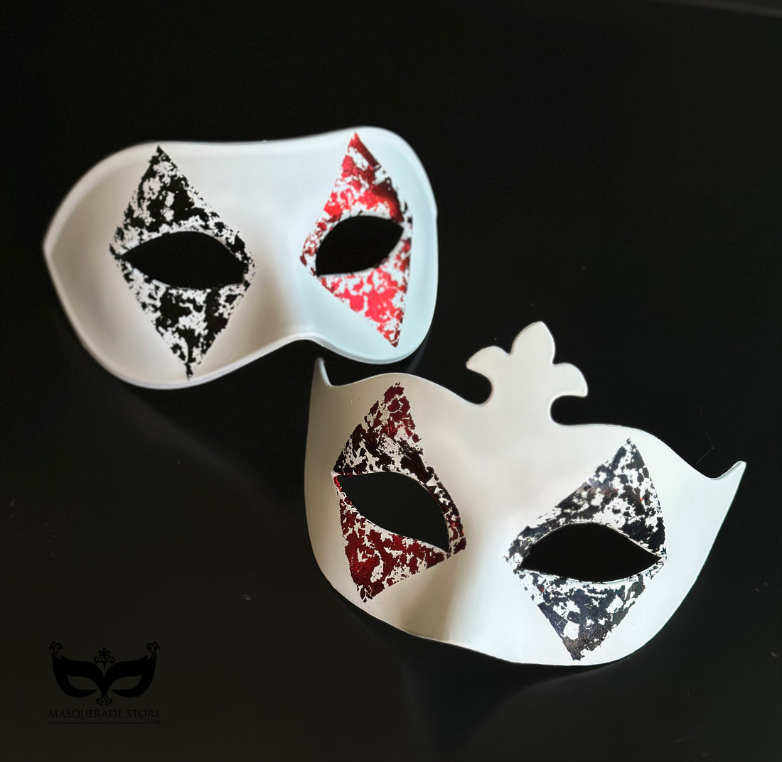 High Stakes Harlequin red black and white casino couples mask set with distressed diamond eye patterns and decorative crest.