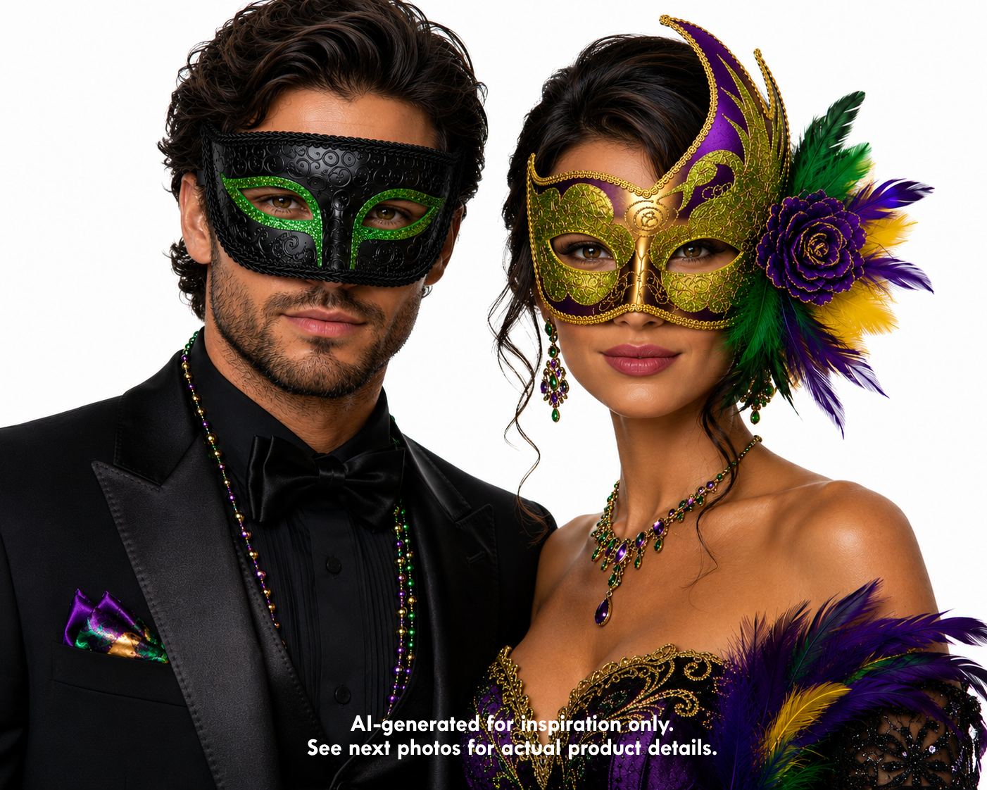 This Mardi Gras couples masquerade mask set includes a coordinated men’s mask and women’s mask in black, emerald green, gold, and purple.