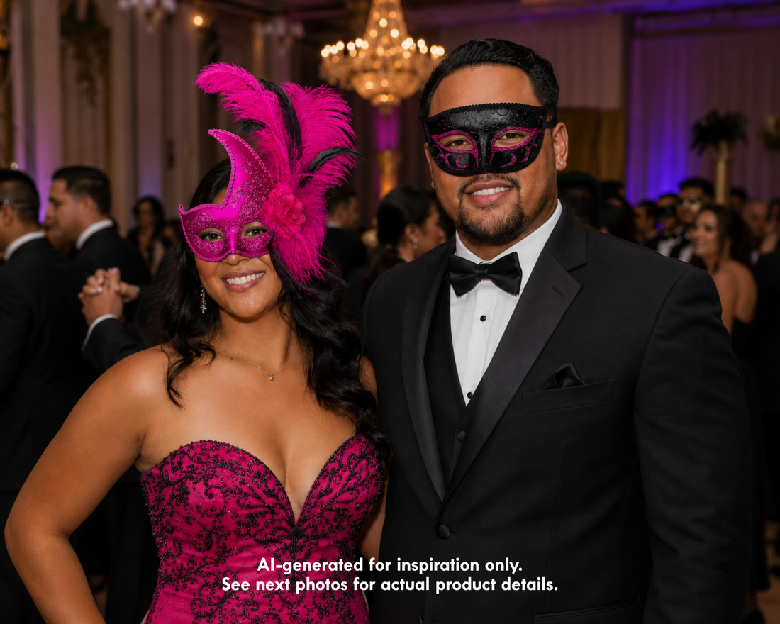 Pink Venetian couples masquerade mask set with dramatic feather plume women’s mask and black mask with pink glitter accents.