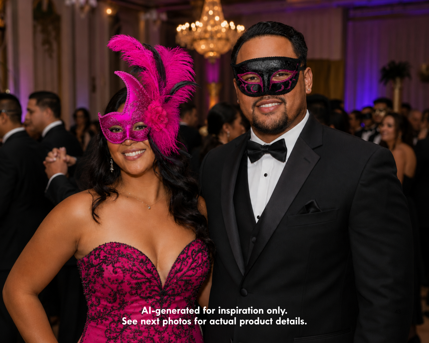 Pink Venetian couples masquerade mask set with dramatic feather plume women’s mask and black mask with pink glitter accents.