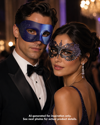Purple black couples masquerade mask set with a smooth purple phantom-style men’s mask and a black purple rhinestone metal filigree women’s mask.
