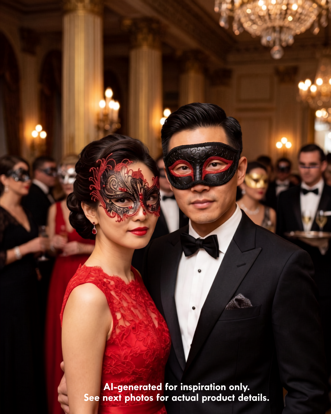 Black and ruby red Venetian couples masquerade mask set featuring a men’s black eye mask with red glitter accents and a women’s swan filigree mask for masquerade balls, Mardi Gras, black tie parties, and formal costume events.