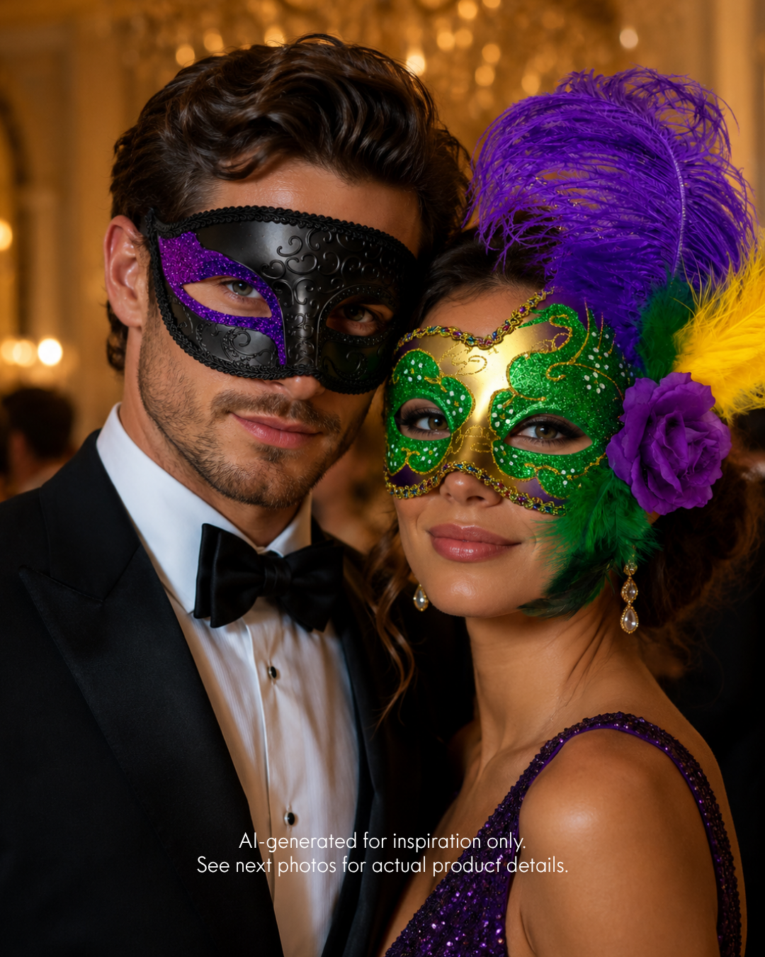 Mardi Gras couples masquerade mask set with black purple men’s Venetian-style mask and green gold feathered women’s mask with rhinestones.