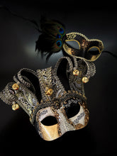 Black and gold Venetian couples masquerade mask set with jester mask and feathered mask, perfect for Mardi Gras, Carnival, Halloween, or masquerade ball.