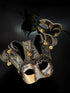 Black and gold Venetian couples masquerade mask set with jester mask and feathered mask, perfect for Mardi Gras, Carnival, Halloween, or masquerade ball.