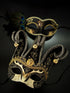 Black and gold couples masquerade mask set with Venetian jester mask and peacock feather mask, ideal for prom, Halloween, or masquerade ball.