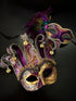 Purple and gold Venetian couples masquerade mask set with jester mask and peacock feather mask for Mardi Gras, Halloween, or masquerade ball.