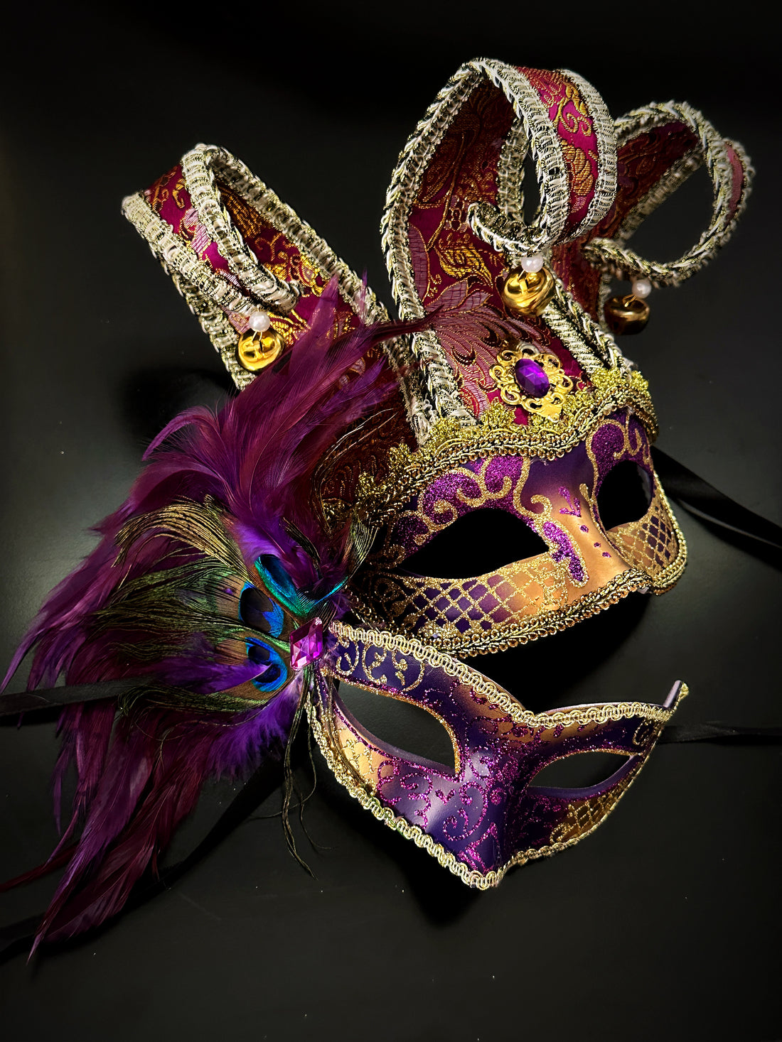 Purple, pink and gold Venetian couples masquerade mask set with jester mask and peacock feather mask for Mardi Gras, Halloween, or masquerade ball.