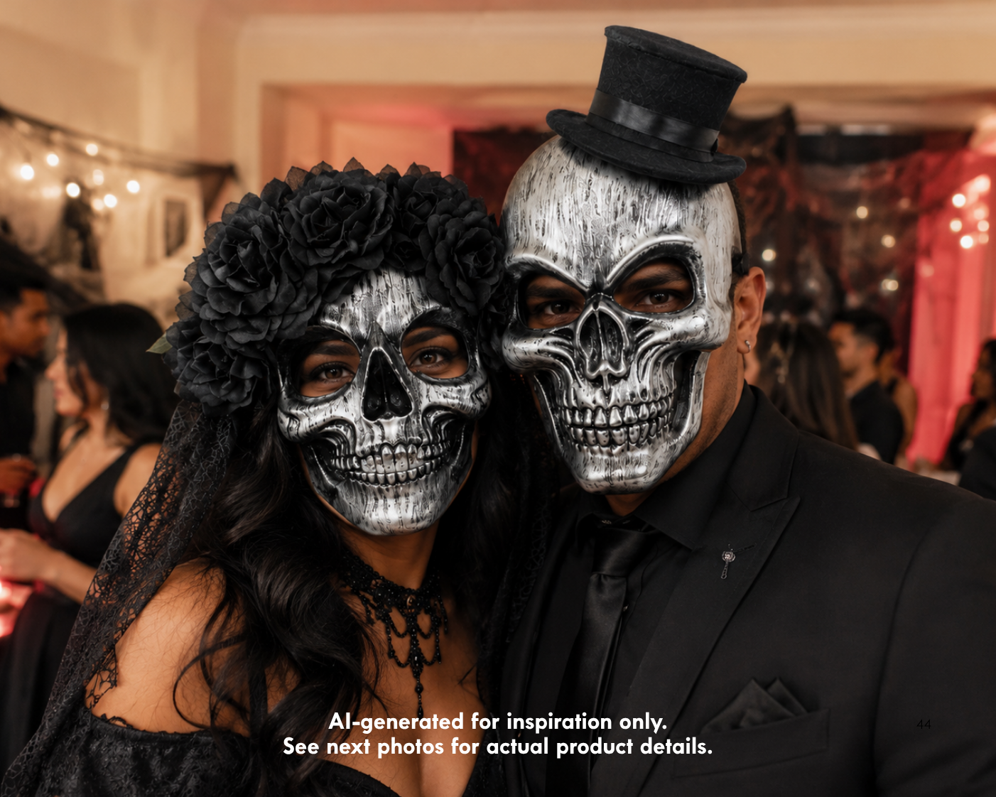 Midnight Vows gothic skull couples mask set with black floral veil skull mask and silver skull mask with black top hat.