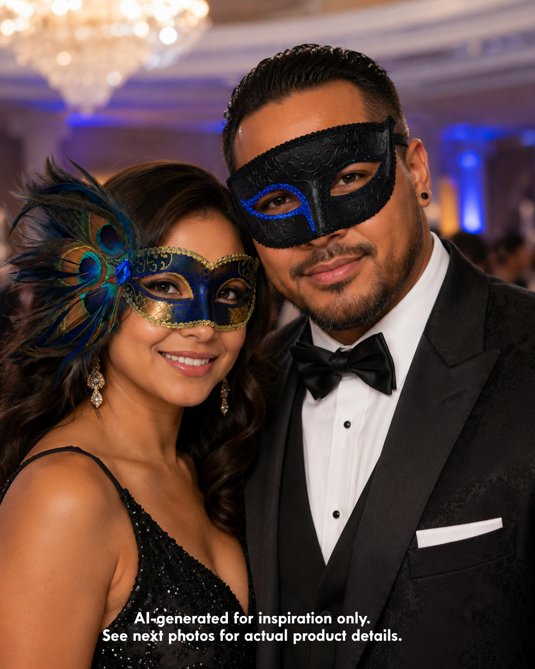 Sapphire blue and gold couples masquerade mask set with peacock feather women’s mask and black blue men’s Venetian-style mask for gala and formal events.