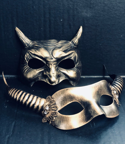 Couples devil horn masquerade masks in gold for sale.