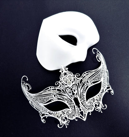 Couples masquerade mask set in all white for sale.