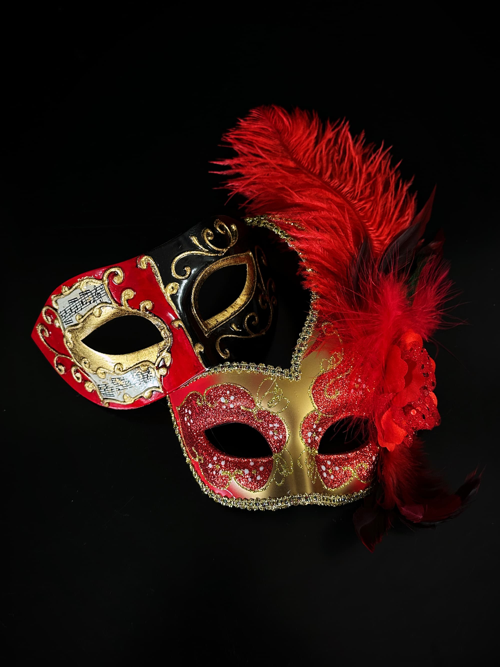 Couples red and gold Venetian masquerade mask set.