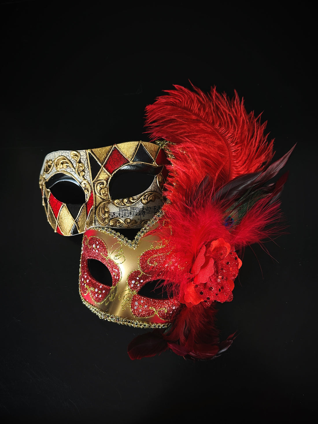 Couples red gold masquerade mask set.