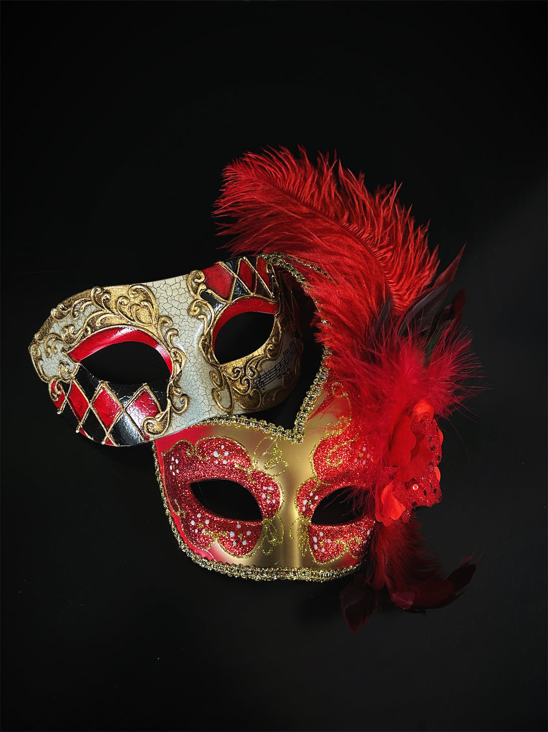 Couples masquerade mask set in gold red.