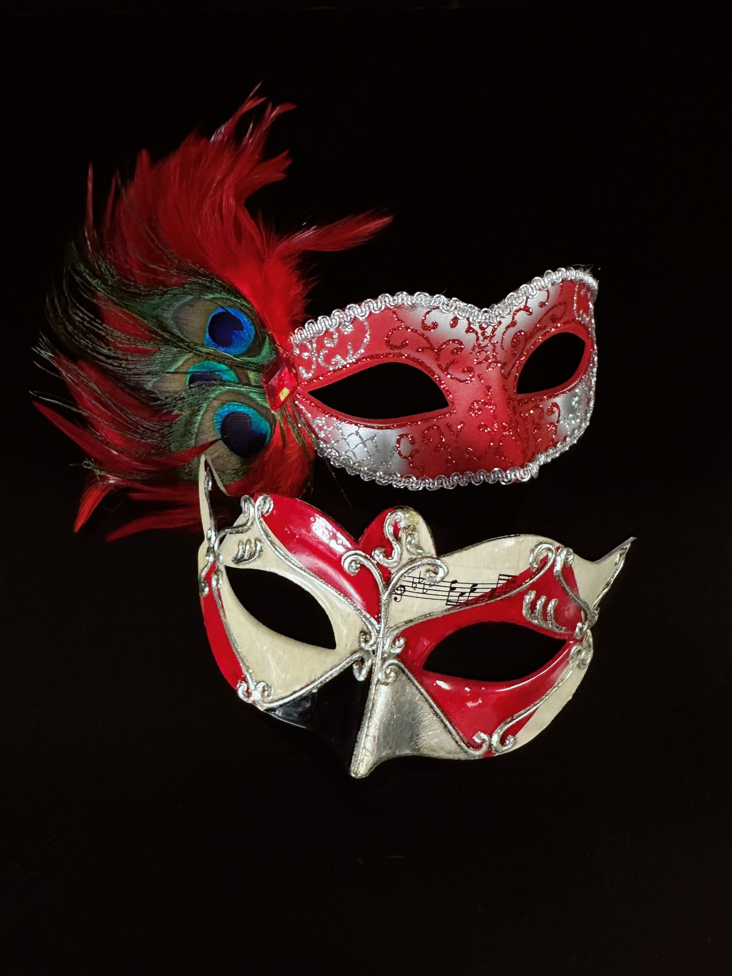 Couples masquerade mask set with silver and red.