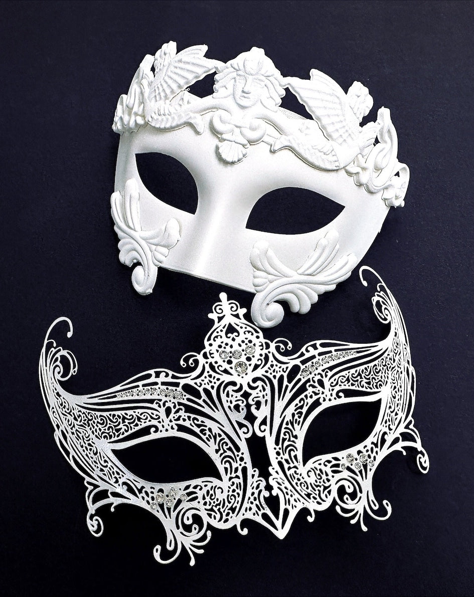 Couples roman style masquerade mask set in white with rhinestones on the women&