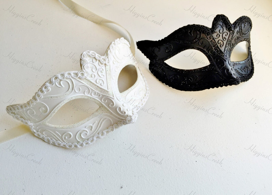 Couples Venetian masquerade masks in black and white with shimmer.