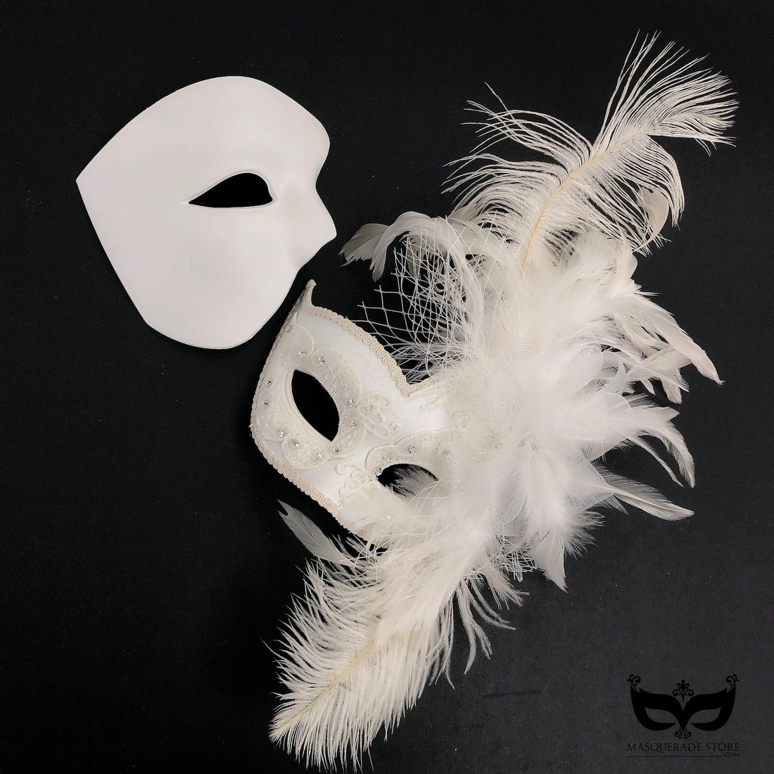 Couples white masquerade mask set. The men&