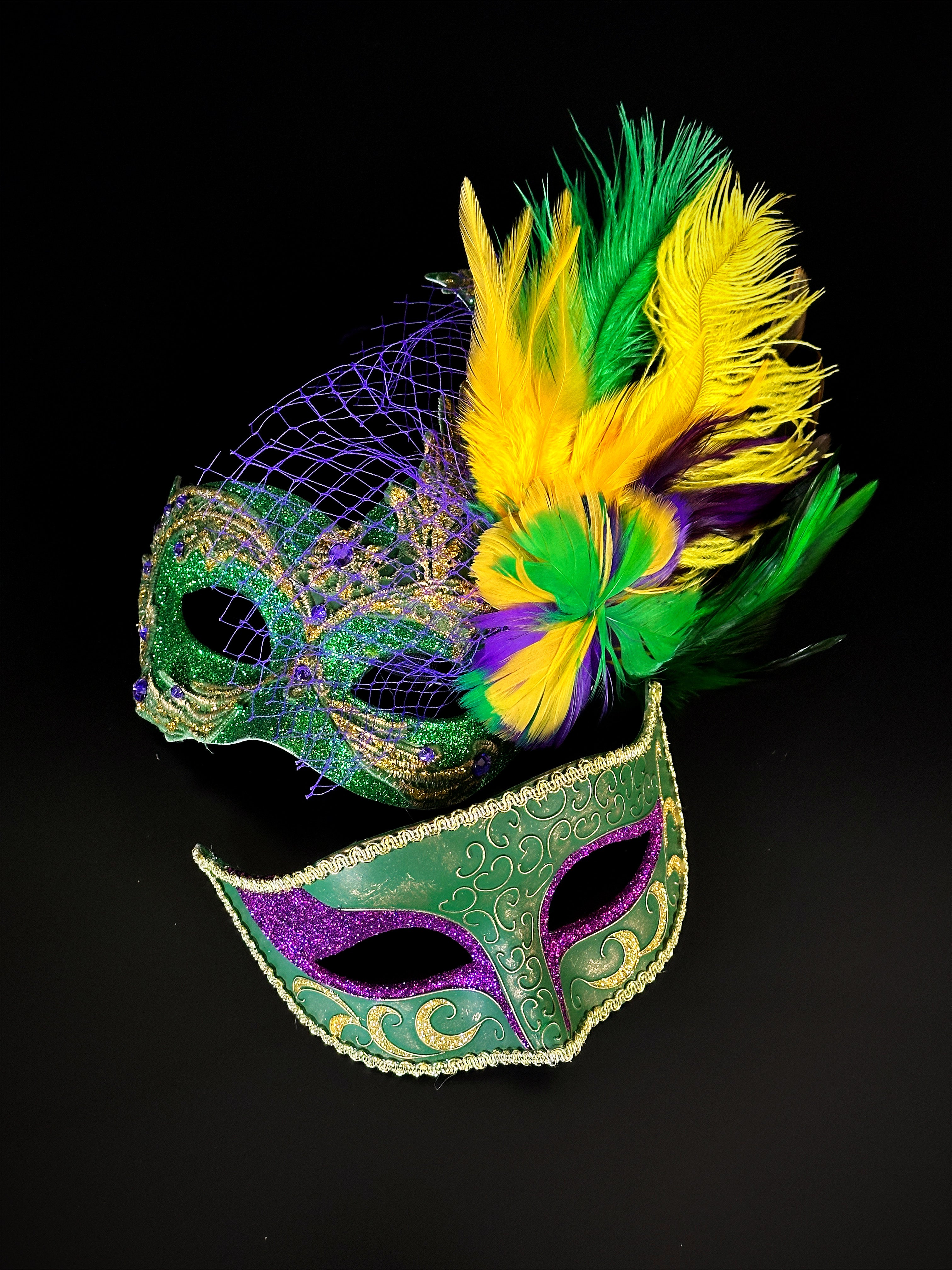 Couples mardi gras masquerade masks in green gold and purple.
