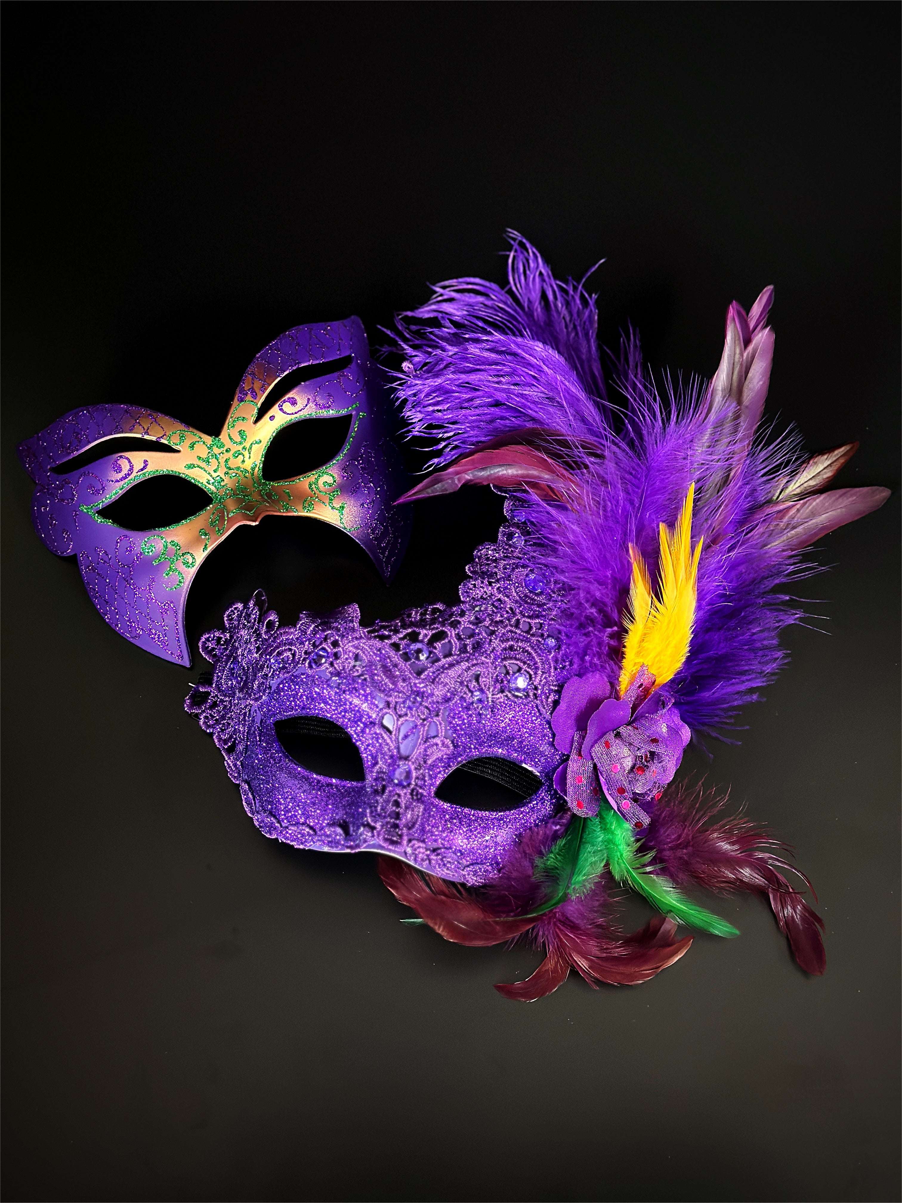 Couples mardi gras masquerade masks in purple, green, and gold