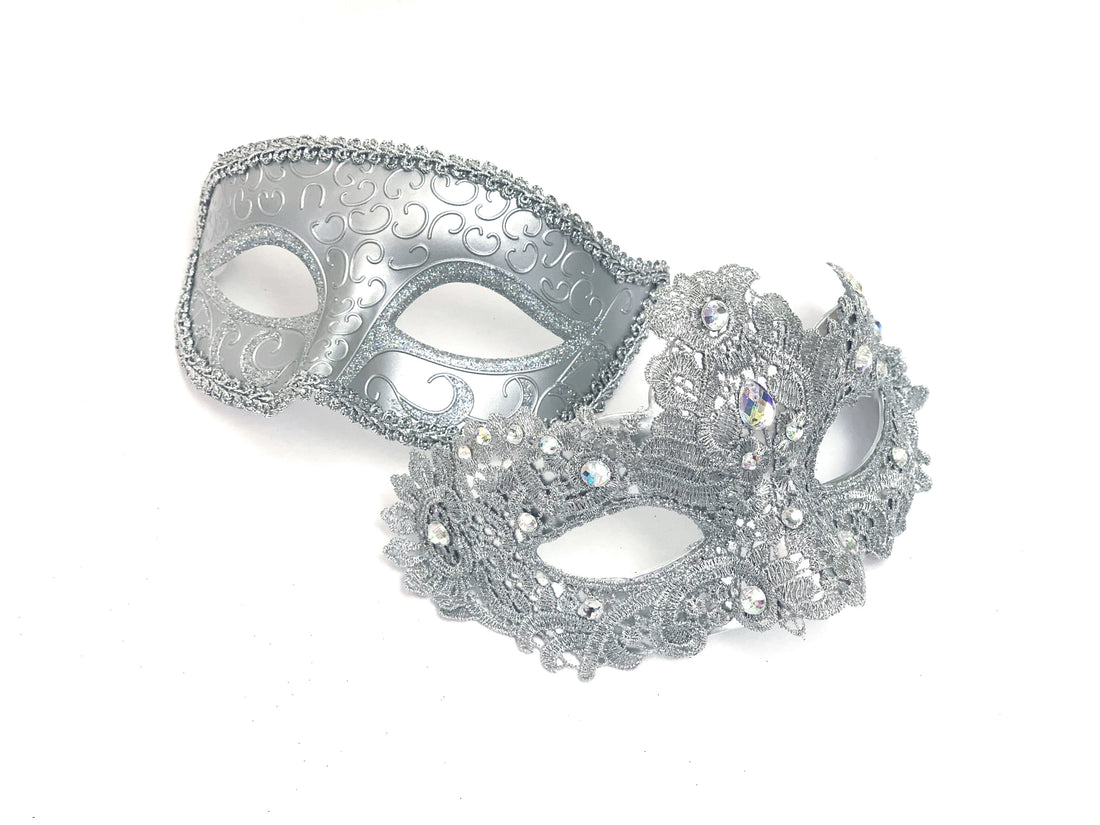 Couples masquerade mask set in silver with gems on the women&