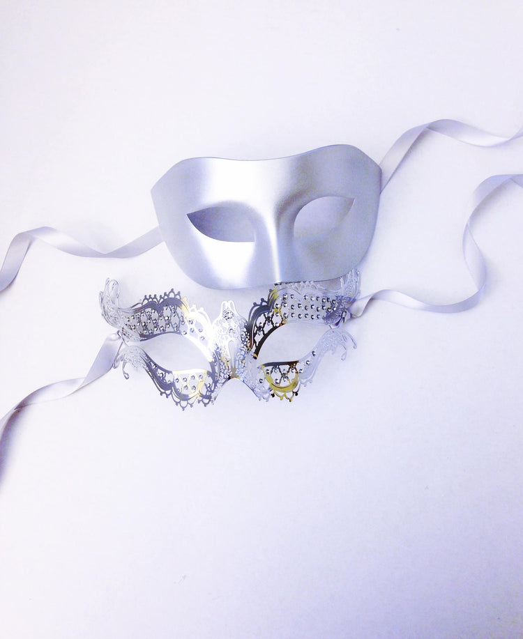 Silver Masquerade Masks - Elegant Venetian Couple Silver Masks ...