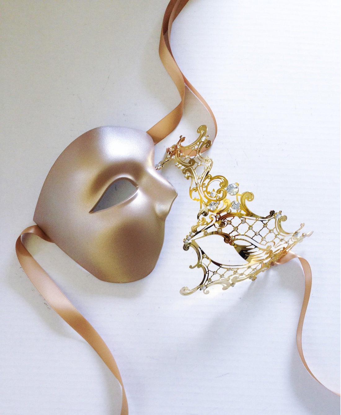 Couples masquerade mask set in Venetian phantom style in gold for sale.