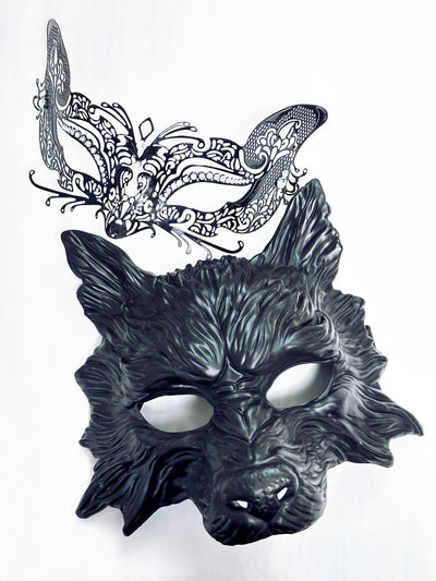 Women's masquerade mask set in black with wolf and fox.