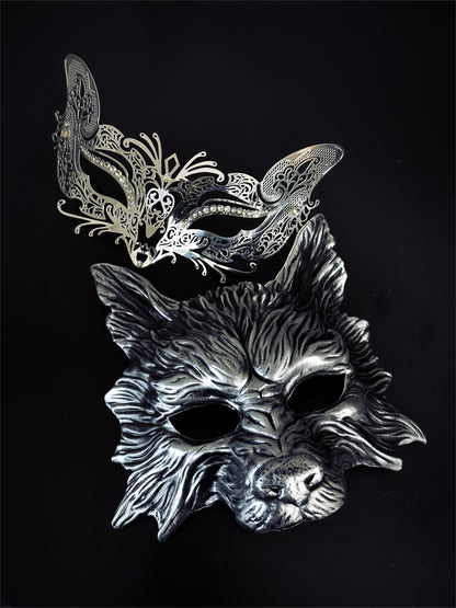 Couples masquerade mask set in silver wolf and fox style.