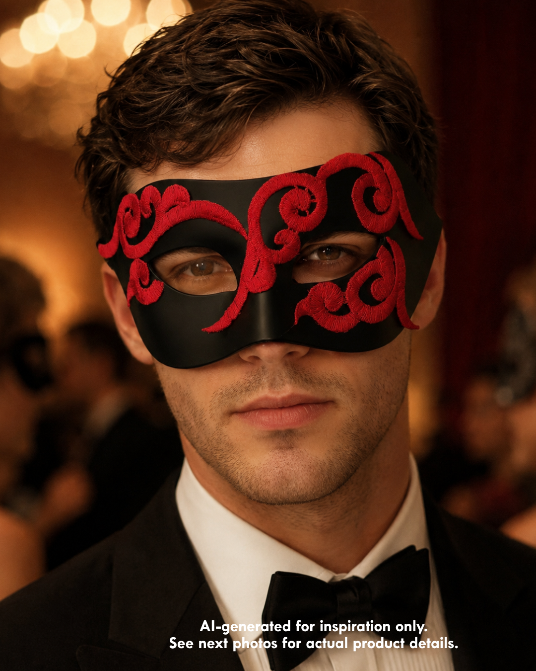 Crimson Arabesque red and black men’s masquerade mask with smooth black base, raised red scroll embroidery, almond eye openings, and gothic formal styling.