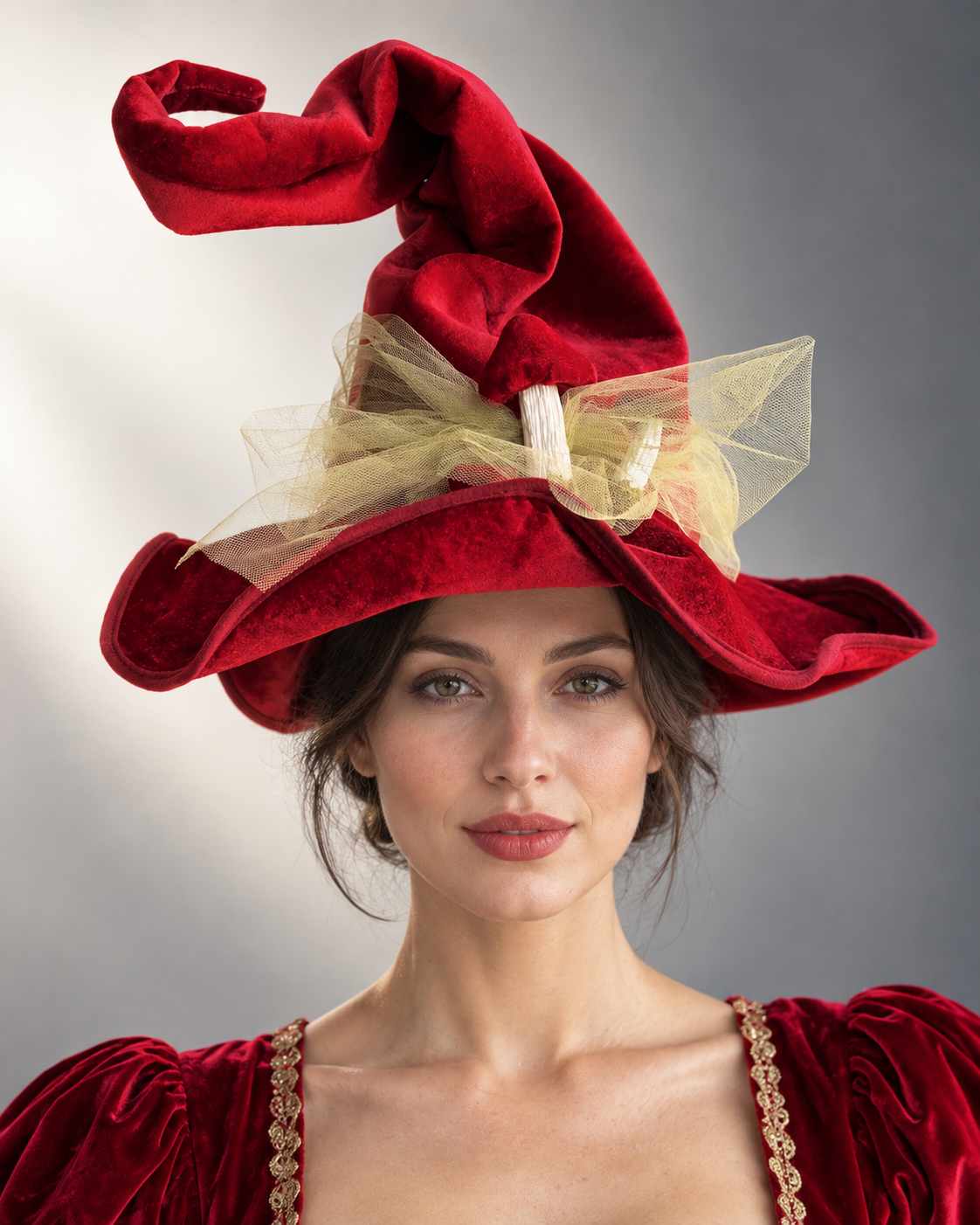 Crimson Gold Witch Hat with curled crown, oversized brim, woodland mushroom accent, and gold tulle bow.