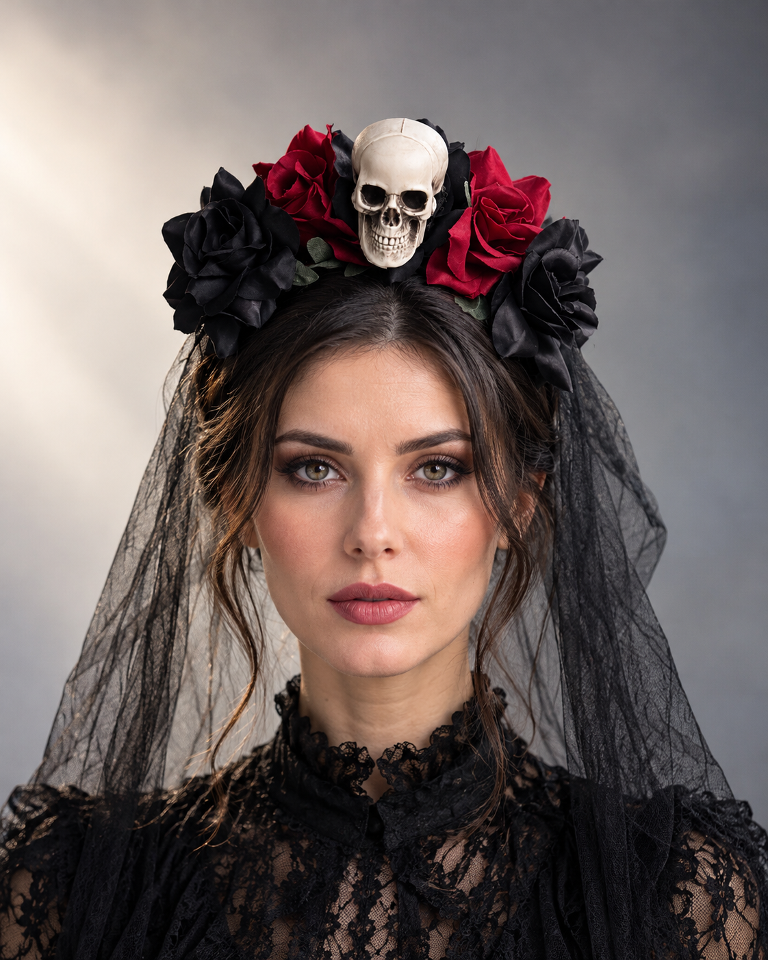 Crimson Mourning Skull Fascinator with ivory skull, deep red and black roses, flowing sheer black veil, and dark headband.