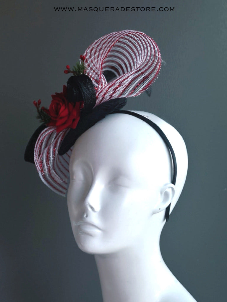 Red Rose Christmas Fascinator Hat with Candy Cane Mesh