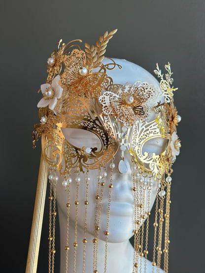 Gold Butterfly Masquerade Mask with Pearl Chain Fringe