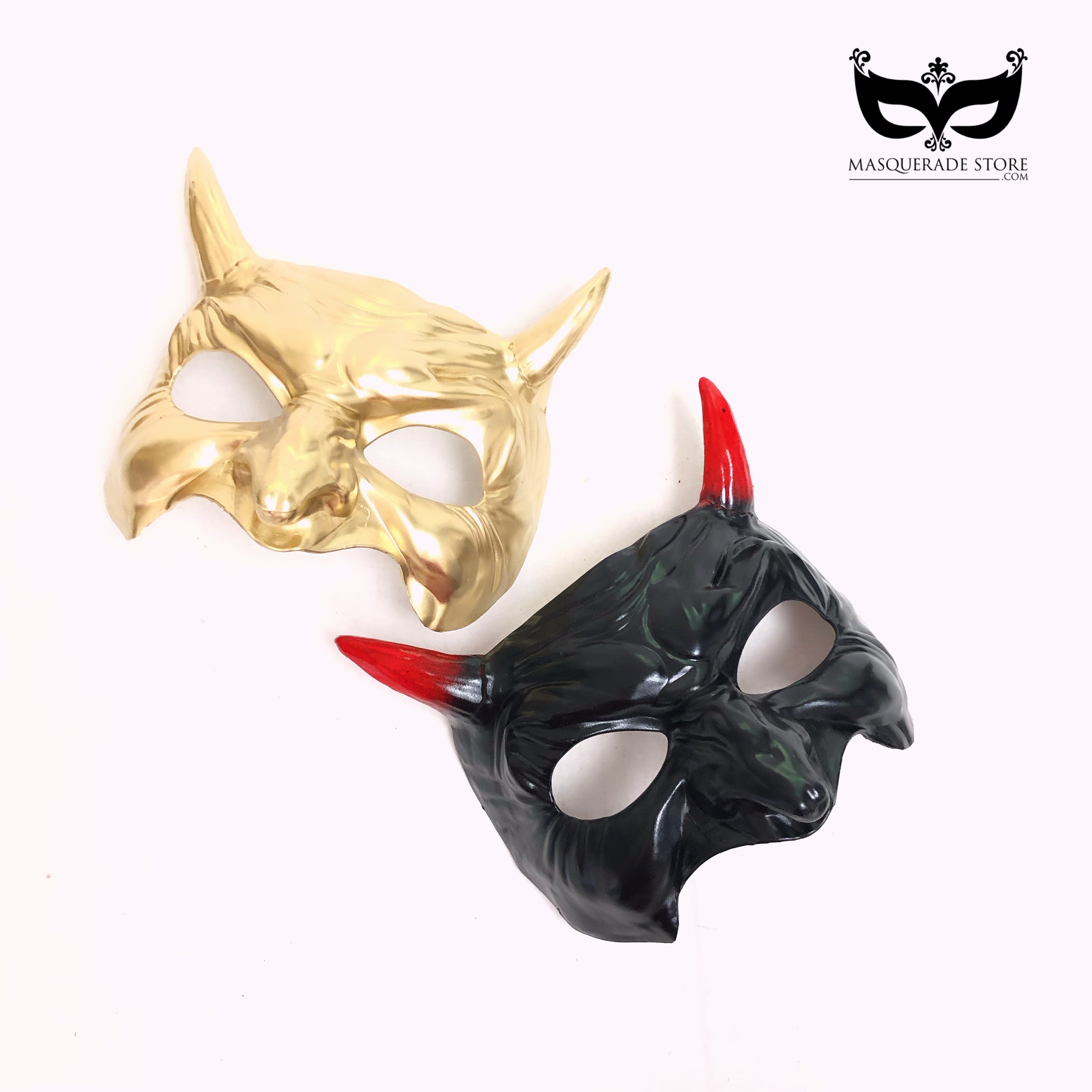 Black and gold devil horn couples masquerade mask set with red horn accents, perfect for Halloween, Mardi Gras, and costume parties.