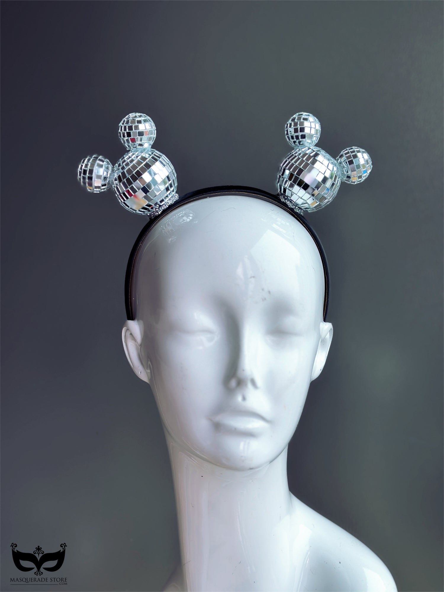 Silver disco ball ears headband with mirrored spheres, perfect for festivals, raves, parties, and fun clubwear looks.