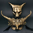 Gold horn masquerade mask set for couples featuring a floral horned women’s mask and a demon-style men’s mask.