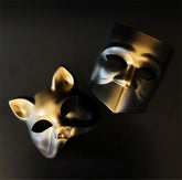 Gold and black masquerade cat mask and Bauta mask set for formal costume events.
