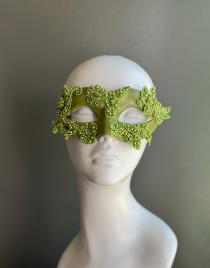 Verdant Bloom - Olive Green Floral Lace Masquerade Mask