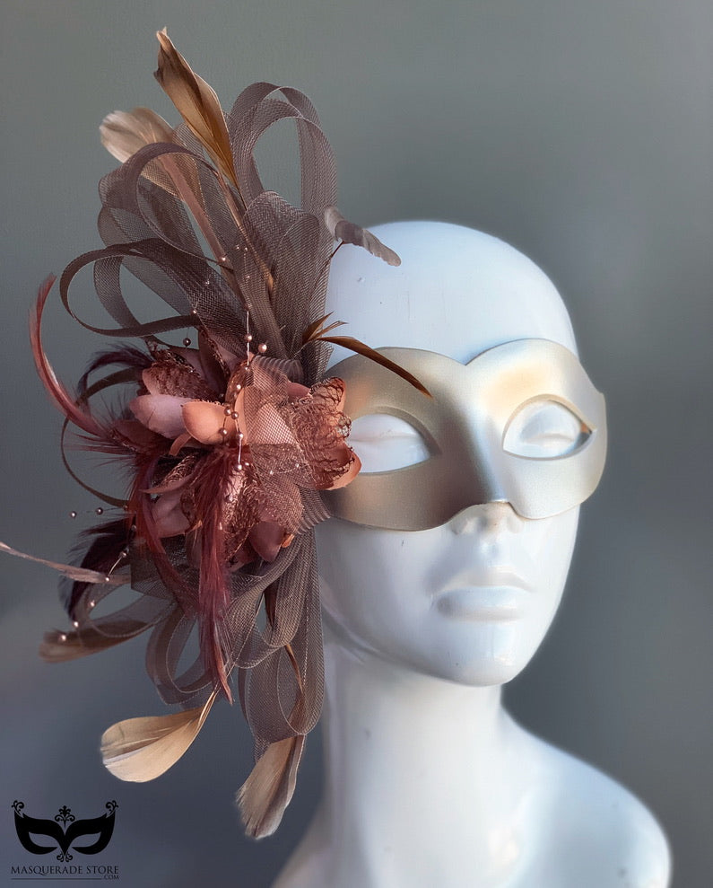 Grace Champagne Mask - Brown Feathers
